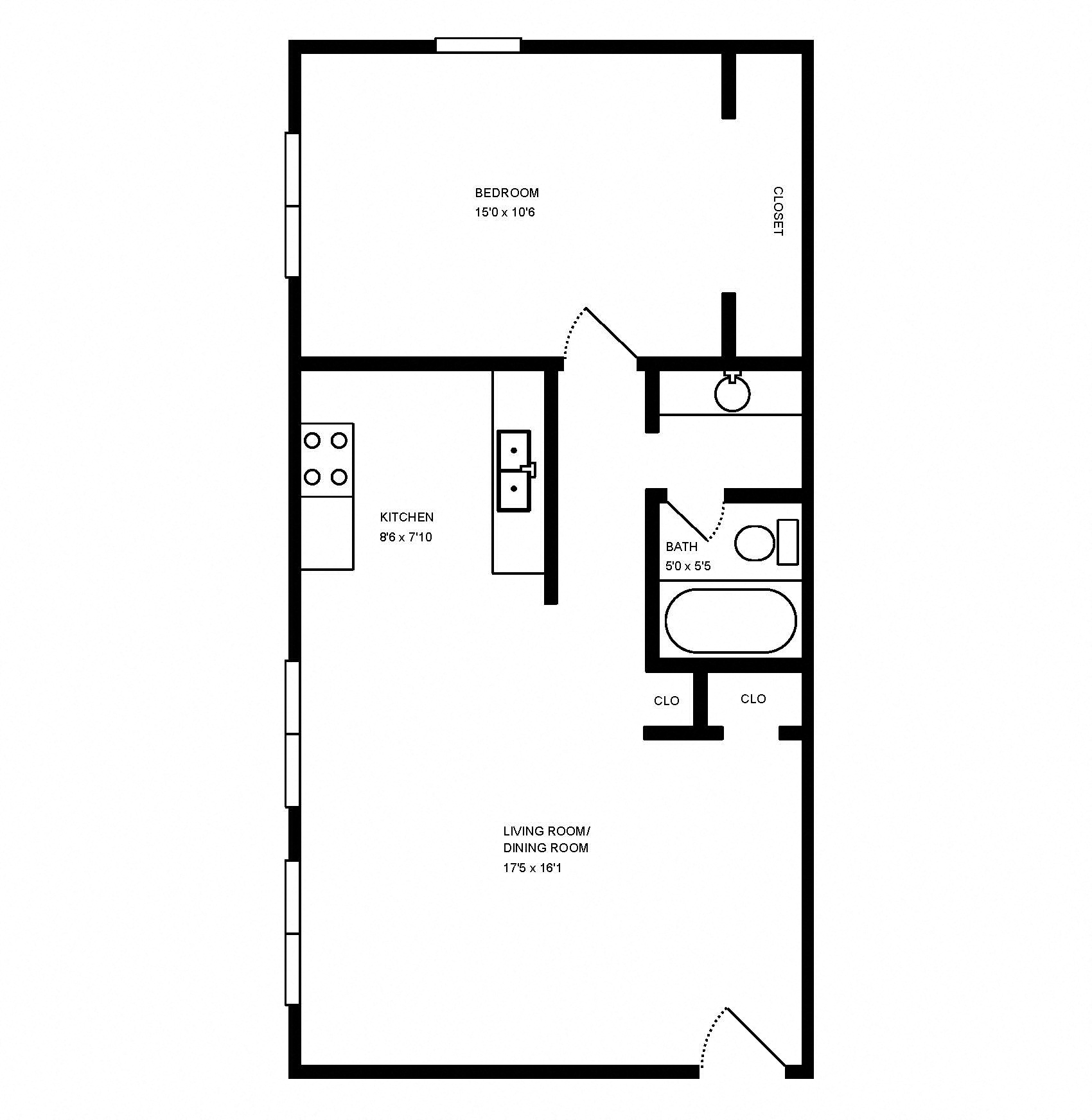 Floor plan for 1 bed, 1 bath, 650 sqft